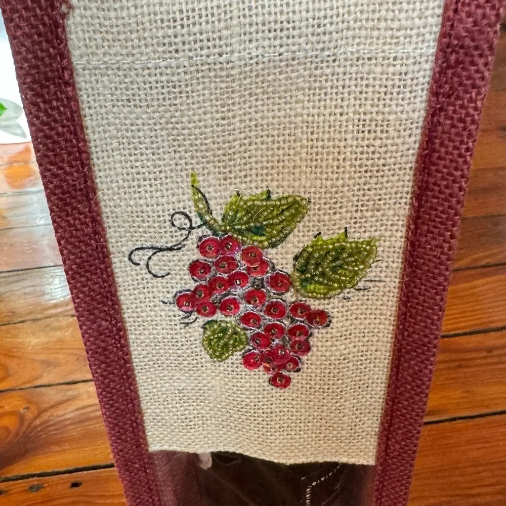 Wrap Art Wooden Handle Burlap Beaded  Wine Tote Bag
